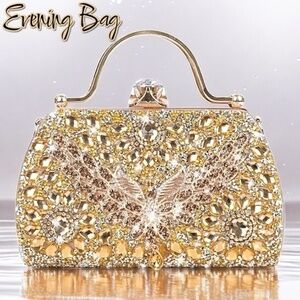 Multifaceted Gold Crystal/Rhinestone Evening Bag-Handles/Removable Chain Strap